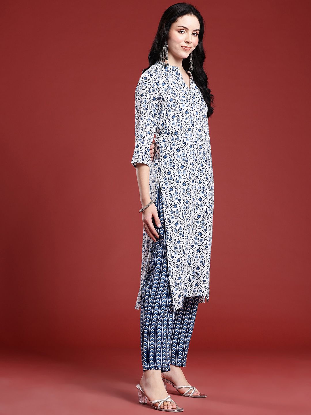 Anouk Floral Printed Band Collar Straight Kurta with Trousers & Dupatta