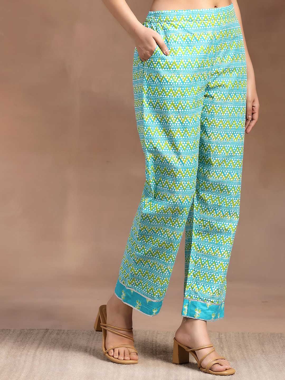 Libas Women Blue Floral Printed Regular Gotta Patti Pure Cotton Kurta with Trousers & With Dupatta