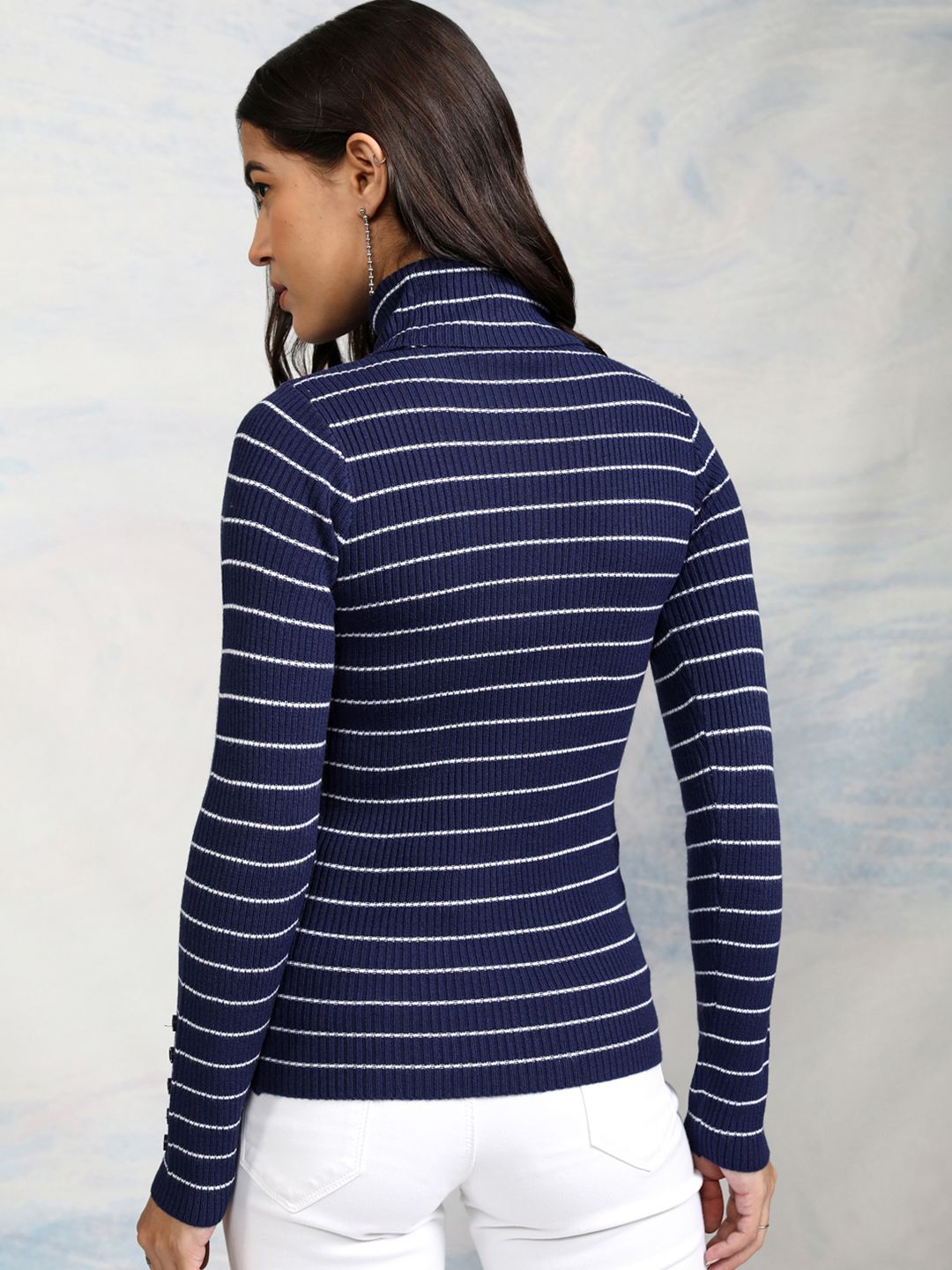 Tokyo Talkies Women Navy Blue & White Striped Acrylic Pullover