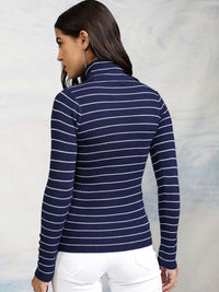 Tokyo Talkies Women Navy Blue & White Striped Acrylic Pullover