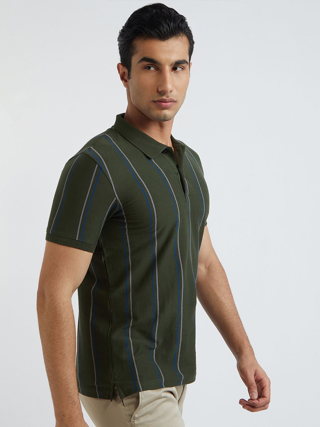 Raymond Men Green & Grey Striped Polo Collar Pure Cotton T-shirt