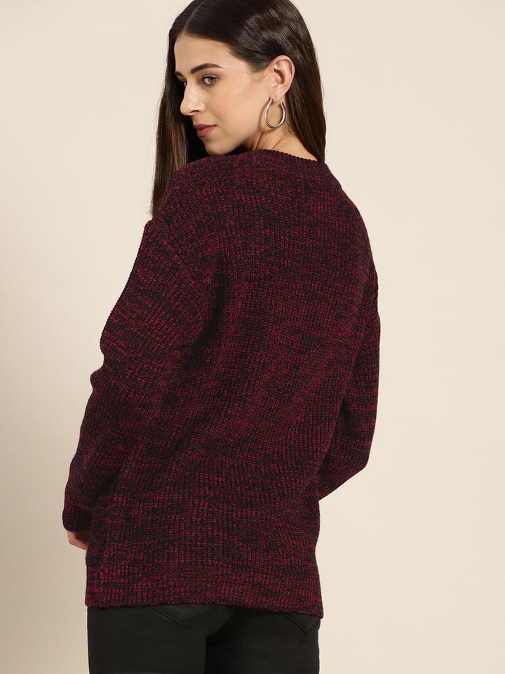 all about you Women Red & Black Woven Design Pullover