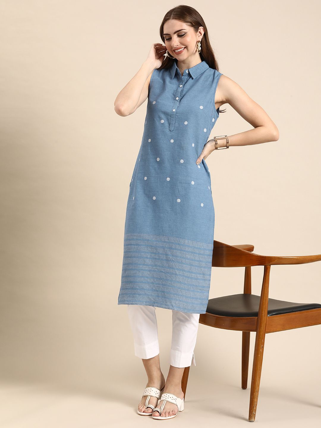 Anouk Woven Design Shirt Collar Pure Cotton Kurta