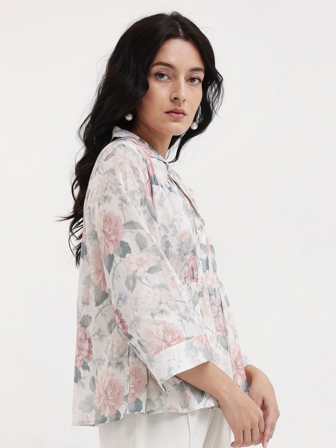 Rareism Floral Printed Cuba Collar Bell Cotton Top Cotton