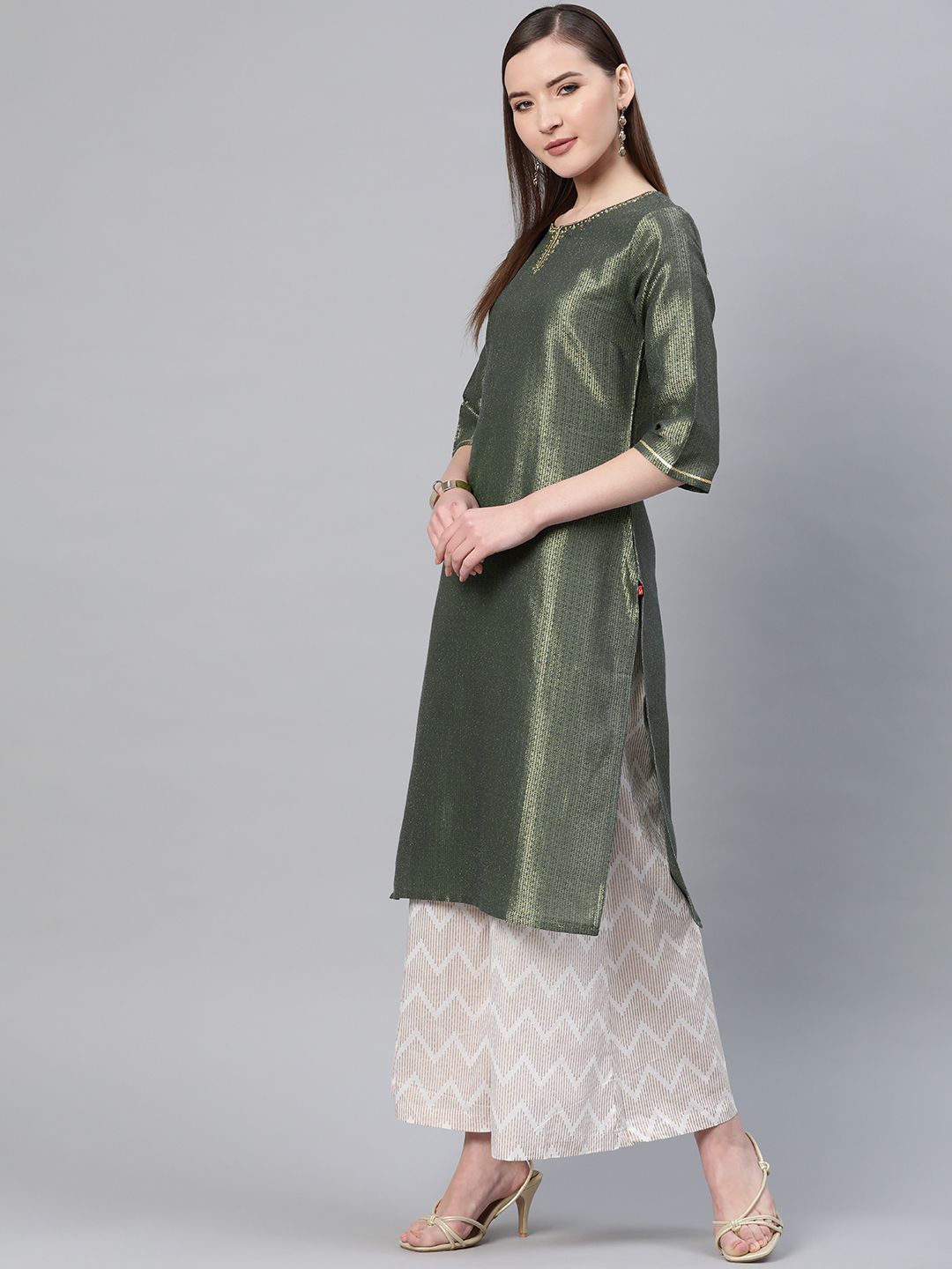 W Women Green & Golden Zari Woven Design Straight Kurta