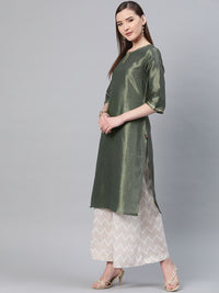 W Women Green & Golden Zari Woven Design Straight Kurta