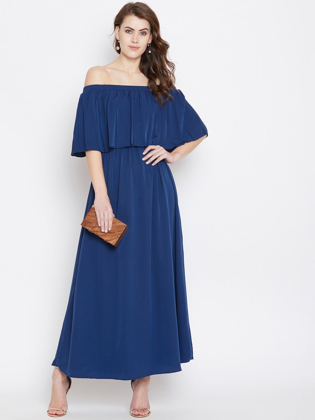 Berrylush Blue Off-Shoulder Crepe Maxi Dress