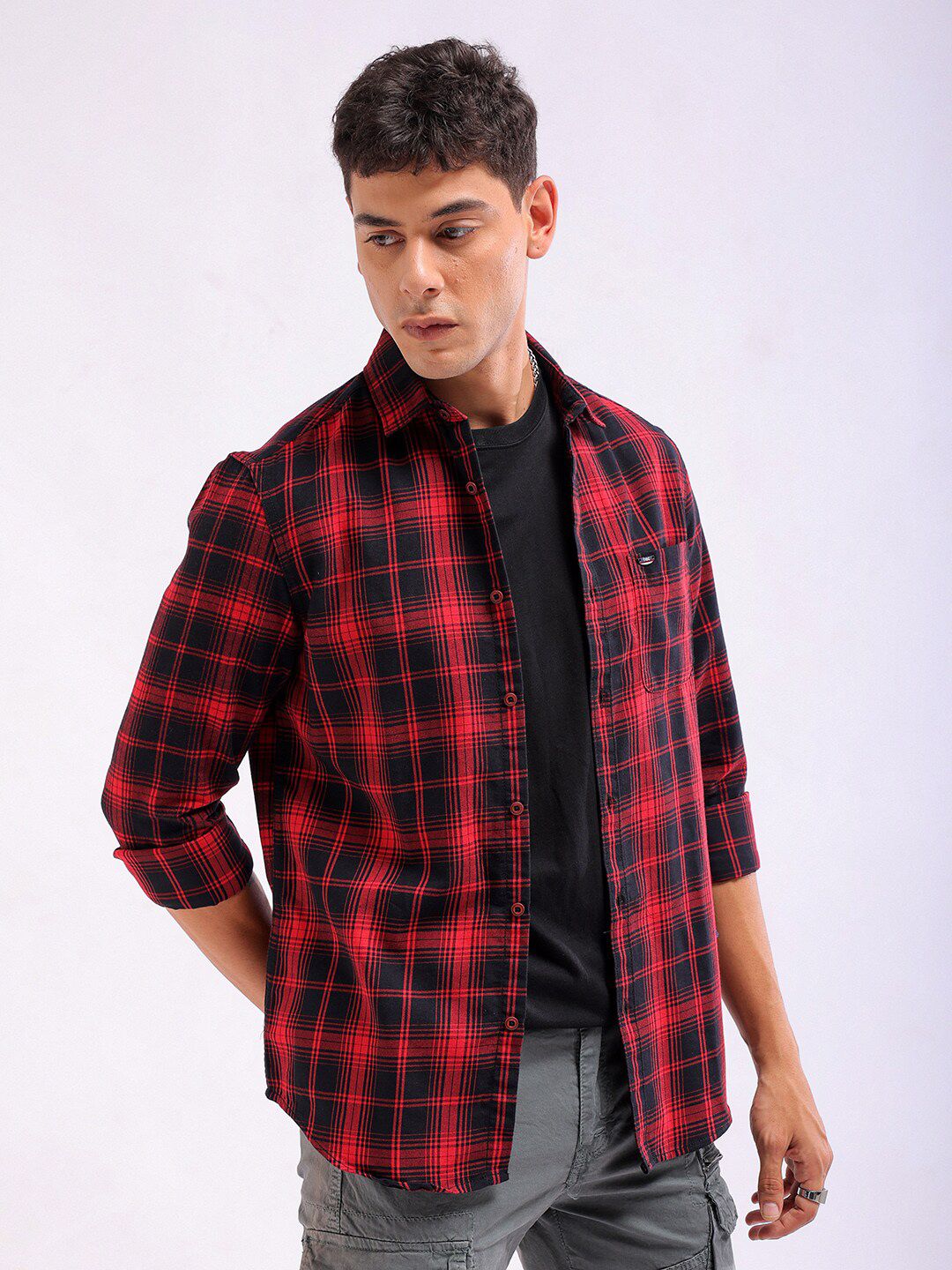 The Indian Garage Co Slim Fit Tartan Checked Spread Collar Casual Shirt