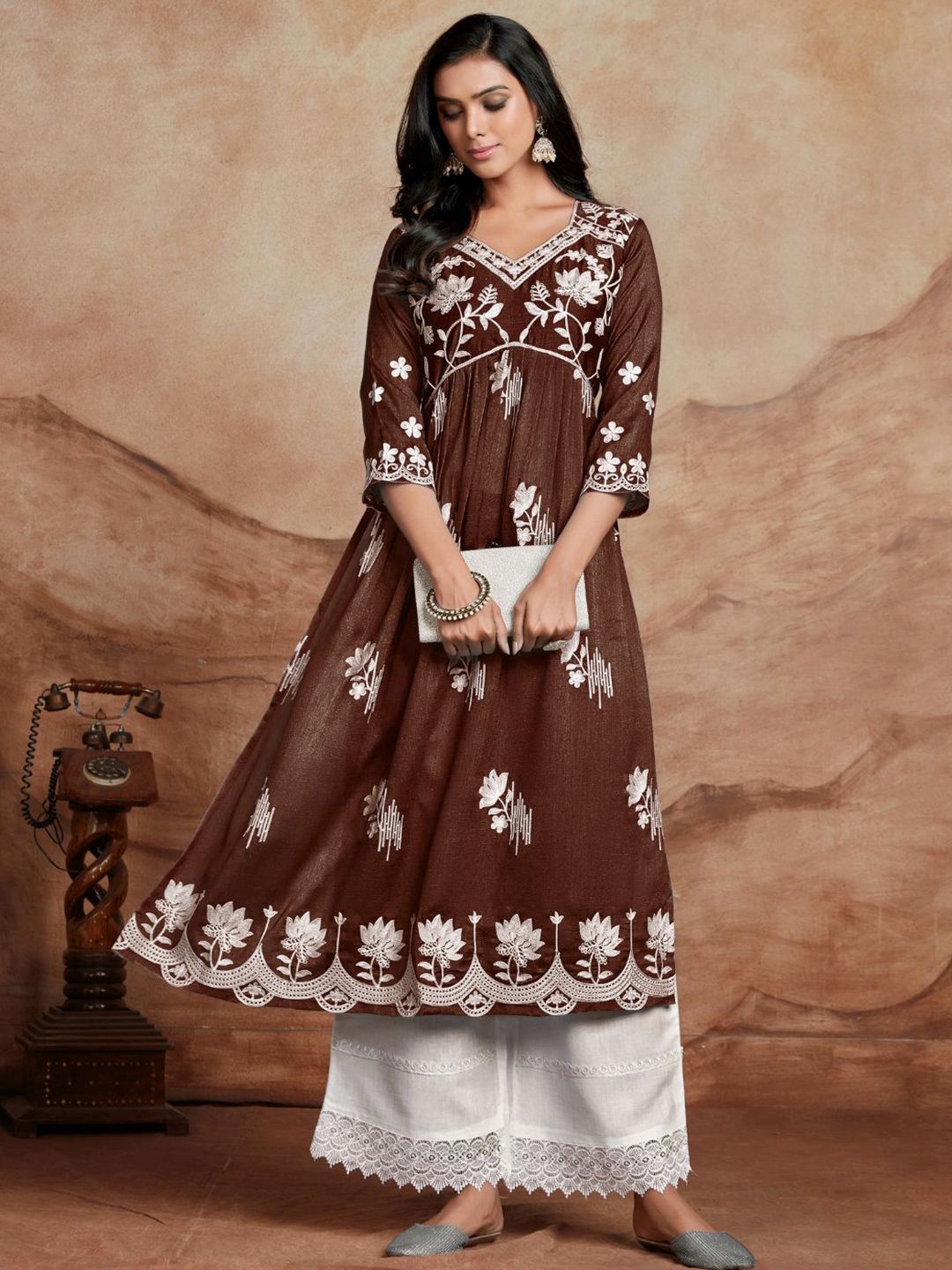 KALINI Floral Embroidered V Neck A Line Chikankari Kurta