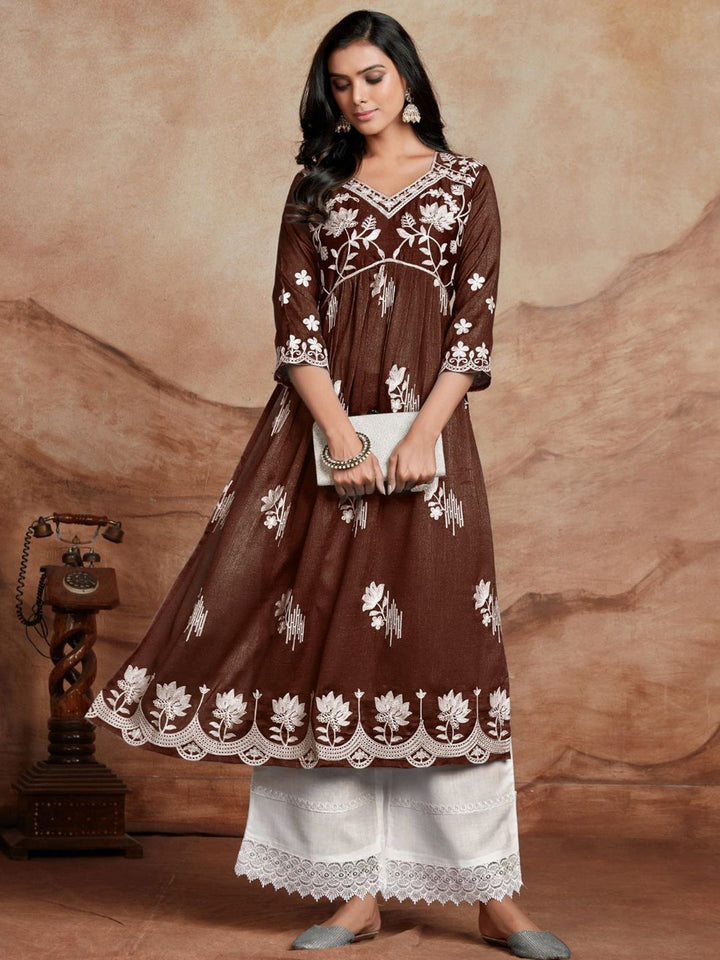 KALINI Floral Embroidered V Neck A Line Chikankari Kurta