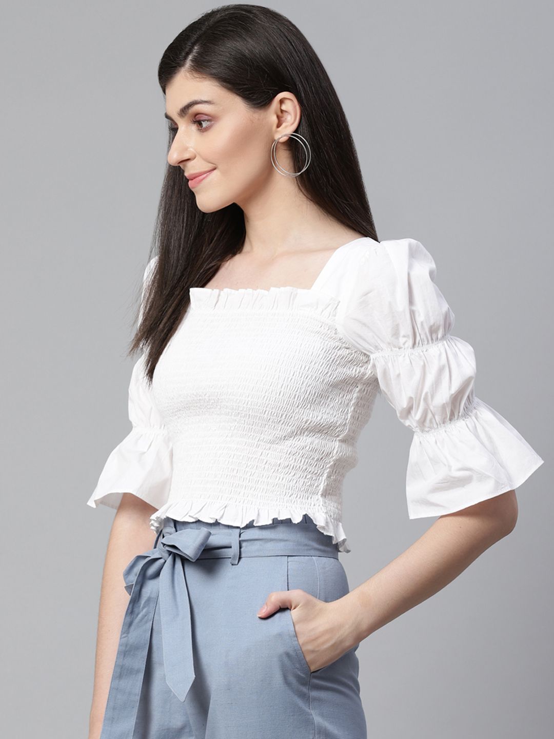 STREET 9 White Smocked Fitted Pure Cotton Top