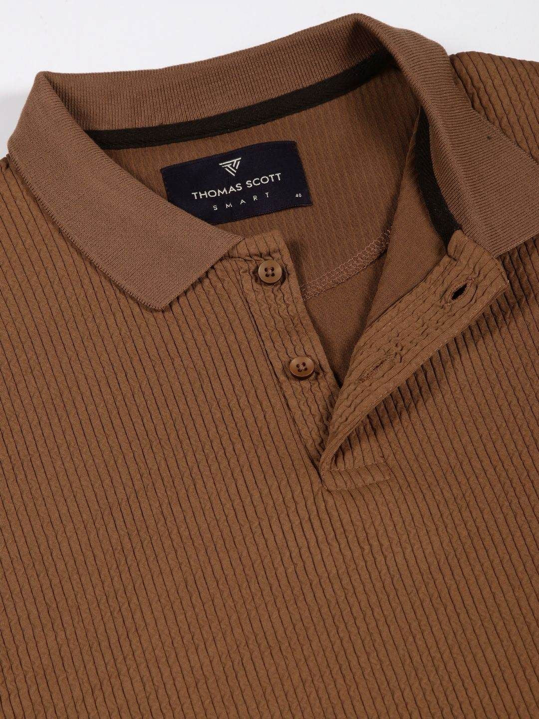 Thomas Scott Men Smart Self Design Polo Full Sleeves T-shirt