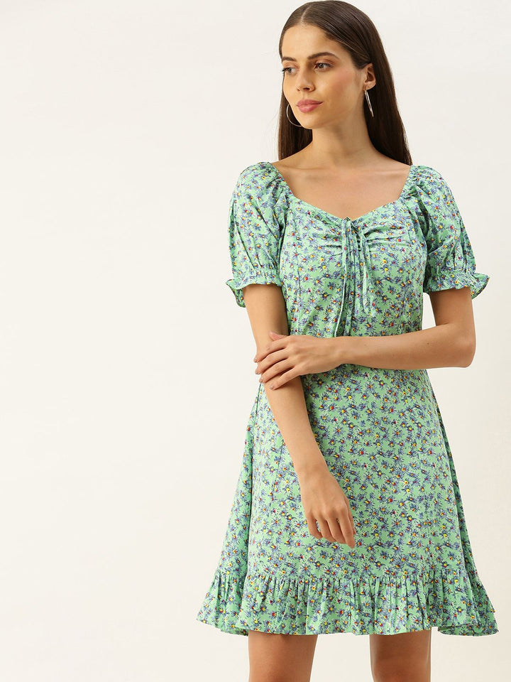 Berrylush Women Green & Blue Floral Printed A-Line Dress with Tie-Up Detail