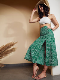 Berrylush Women Green Floral Printed High Rise Front Slit Midi Skirt