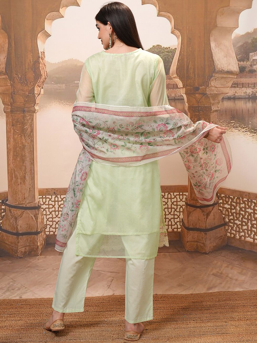 Vishudh Green Embroidered Mirror Work Pure Cotton Straight Kurta With Trousers & Dupatta