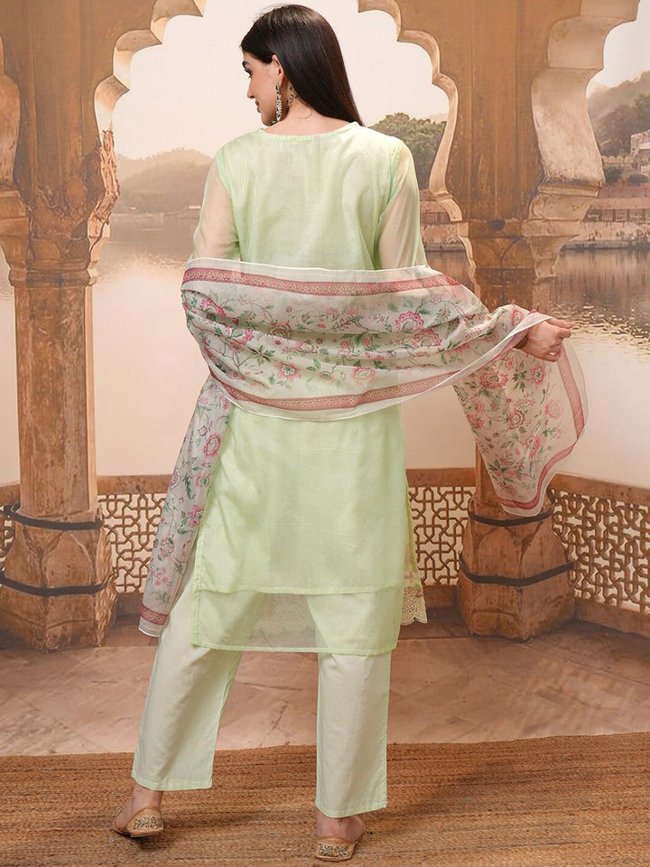 Vishudh Green Embroidered Mirror Work Pure Cotton Straight Kurta With Trousers & Dupatta