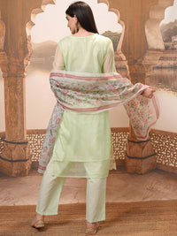 Vishudh Green Embroidered Mirror Work Pure Cotton Straight Kurta With Trousers & Dupatta
