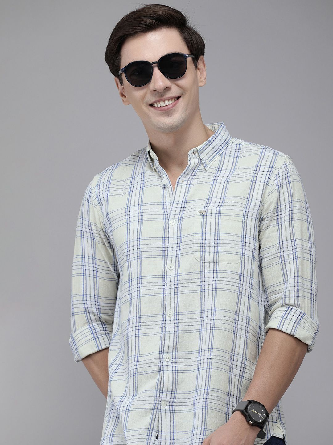 THE BEAR HOUSE Men Cream-Coloured Tartan Checked Pure Cotton Slim Fit Casual Shirt