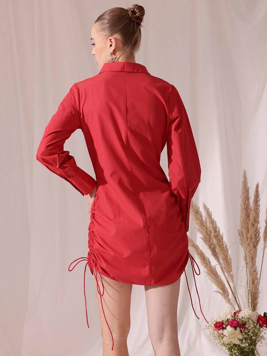 STREET 9 Spread Collar Gathered Pure Cotton Shirt Mini Dress