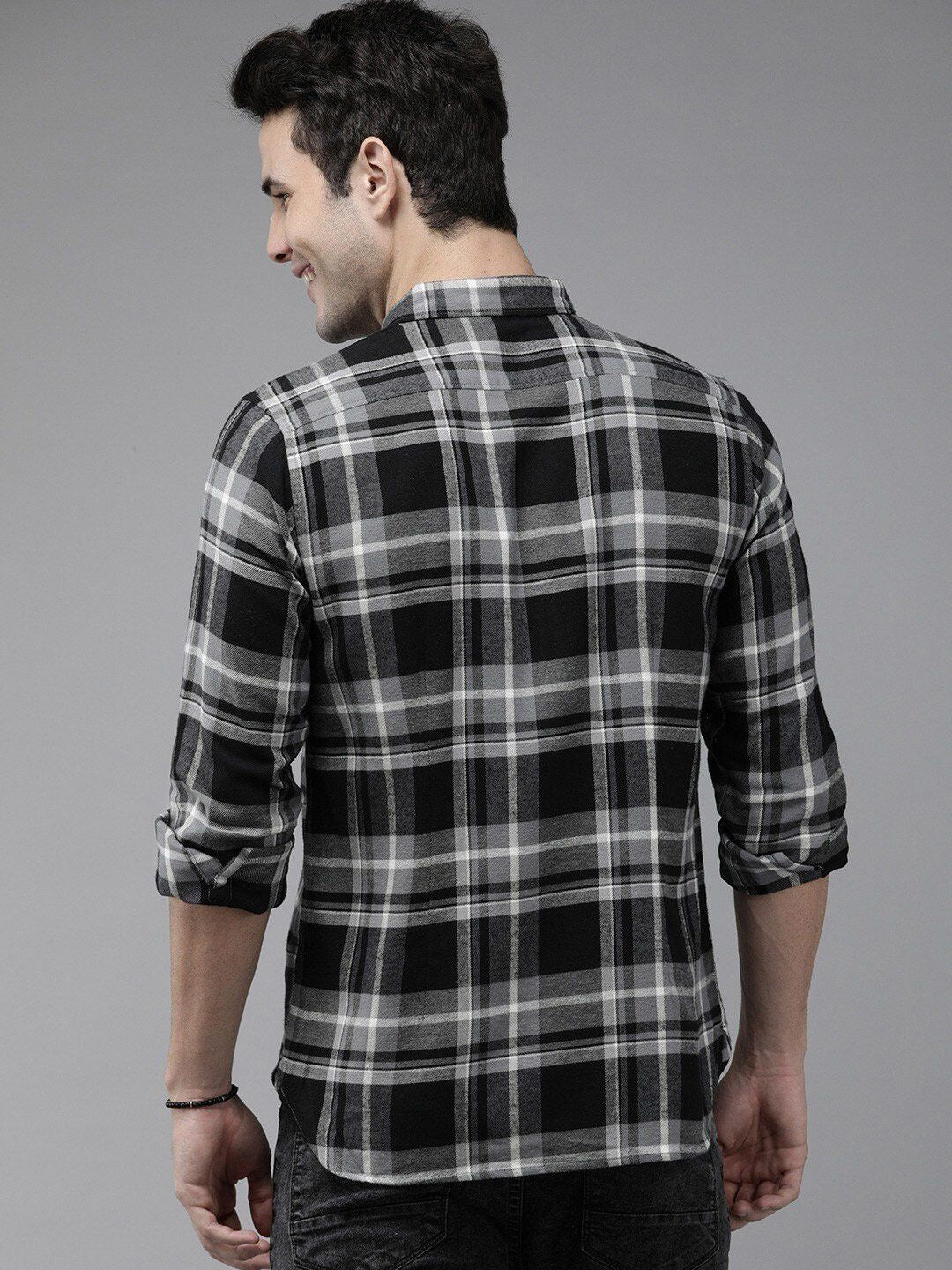 THE BEAR HOUSE Men Grey Slim Fit Tartan Checks Checked Casual Shirt