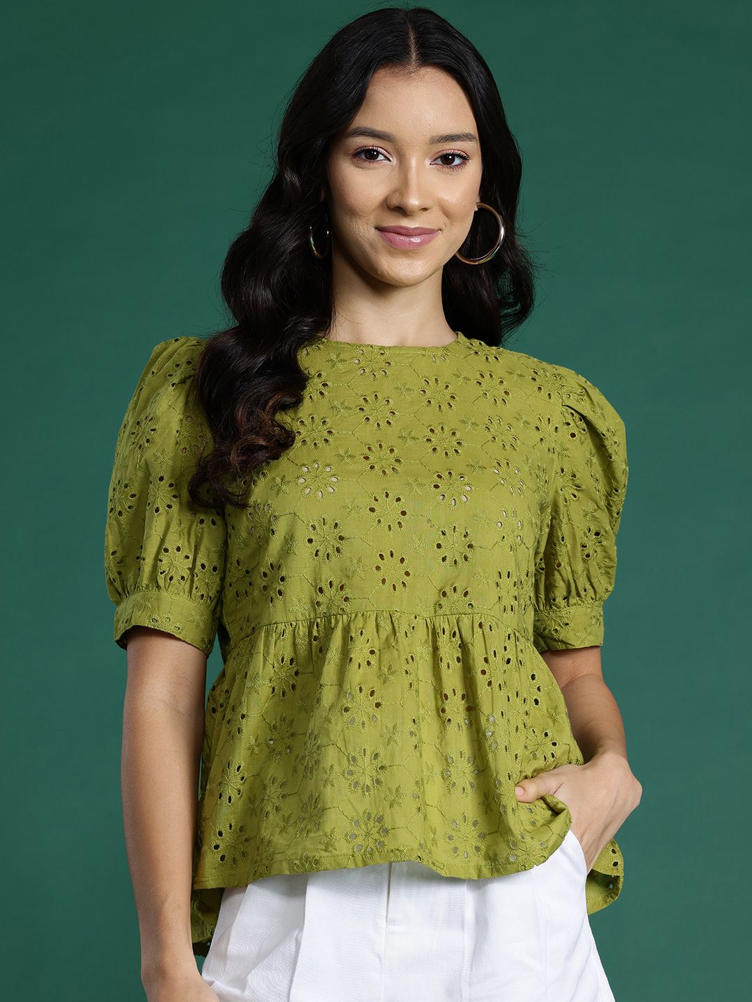 DressBerry Puff Sleeve Pure Cotton Schiffli Top