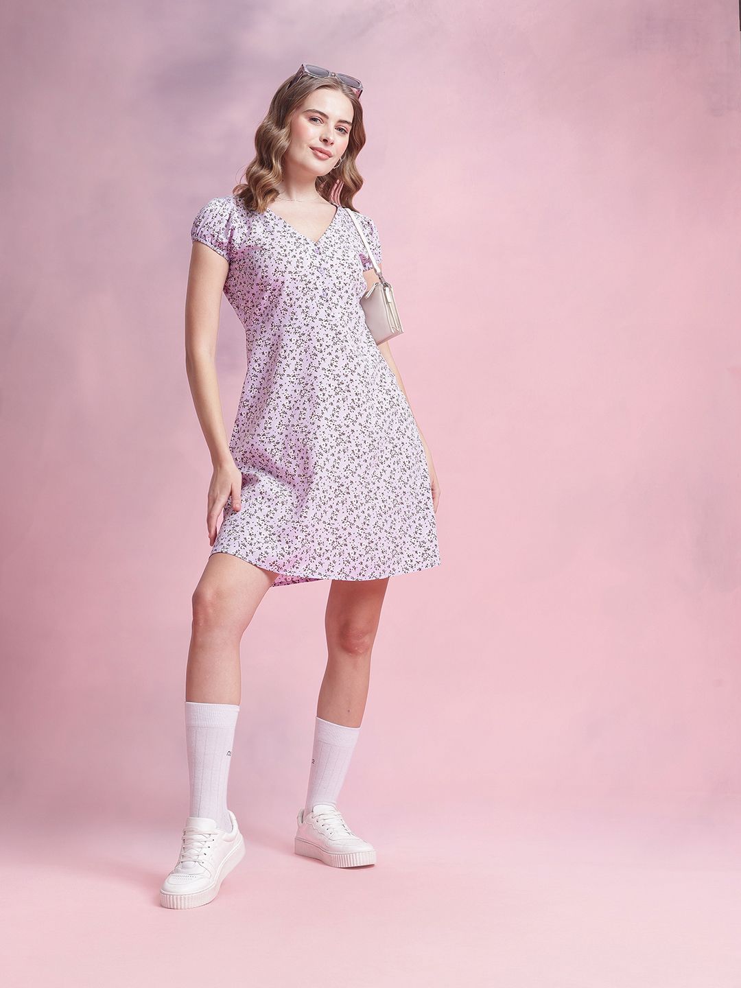DressBerry Floral Print Puff Sleeve A-Line Mini Dress