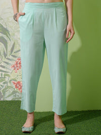 Vishudh Green Embroidered Notch Neck Pure Cotton A-Line Kurta With Trousers & Dupatta