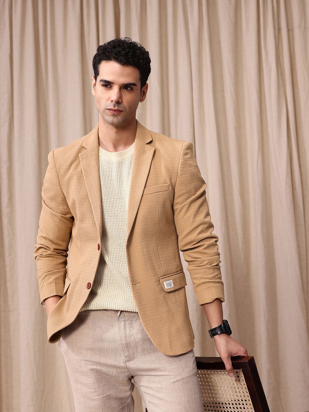 Encik Bowerbird Seersucker Reka Bentuk Diri Selfed Lapel Lapel Casual Blazer