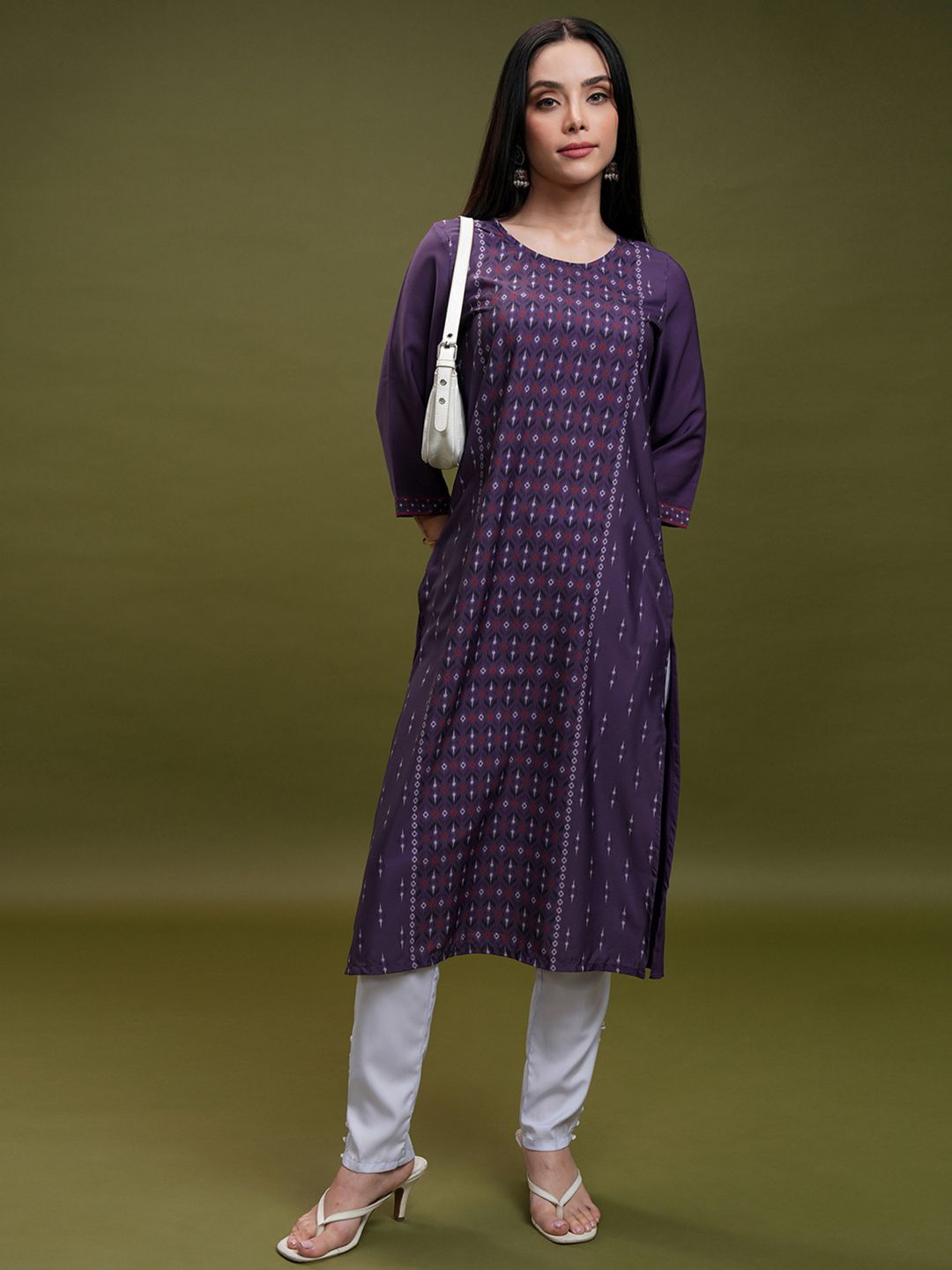 Vishudh Purple Geometric Printed Round Neck Thread Work Straight Kurta