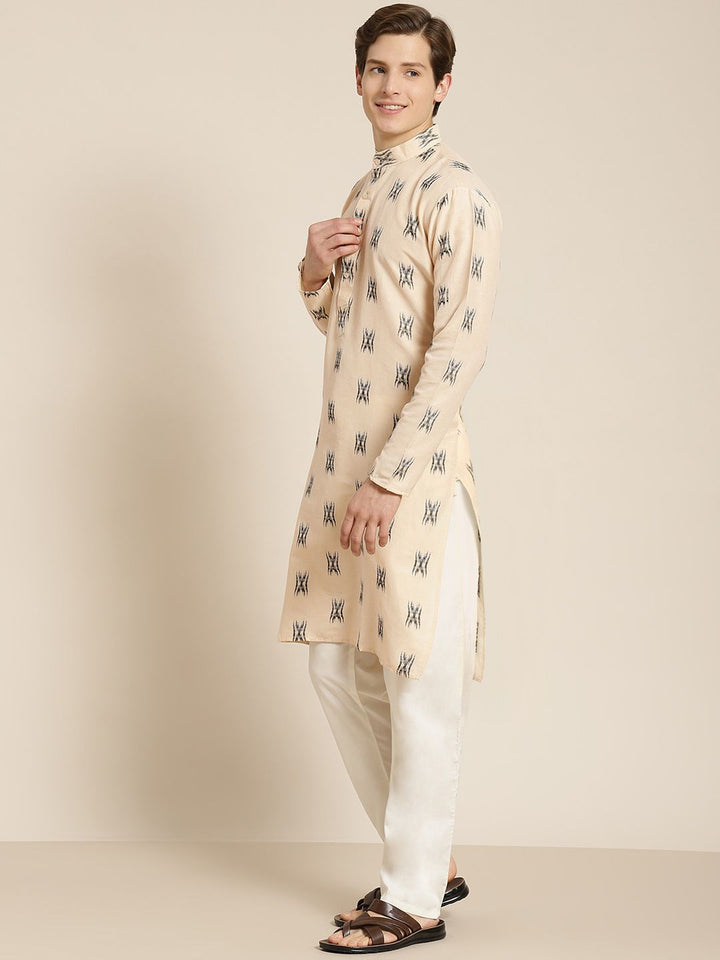 SOJANYA Men Beige & Black Pure Cotton Self Design Kurta