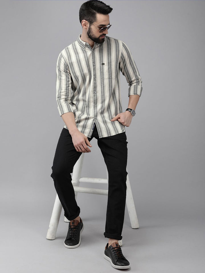 THE BEAR HOUSE Men Beige & Grey Slim Fit Striped Cotton Casual Shirt