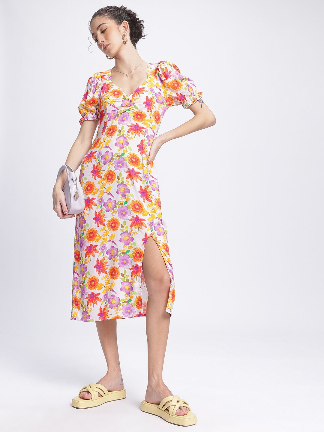 DressBerry Petal Power Ruched Front Slit Floral Sheath Dress