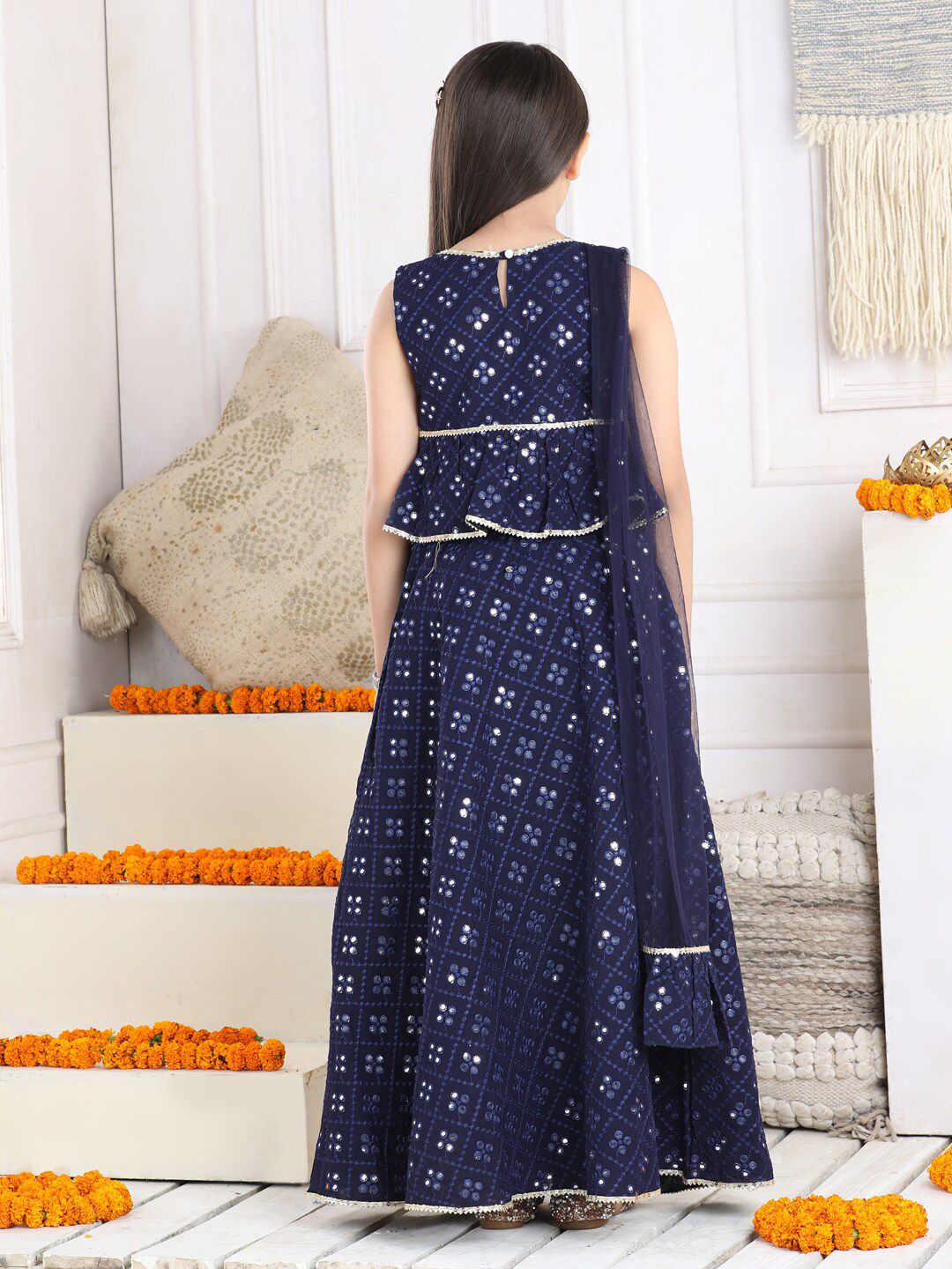 Cutiekins Girls Embellished Mirror Work Ready to Wear Lehenga & Blouse With Dupatta