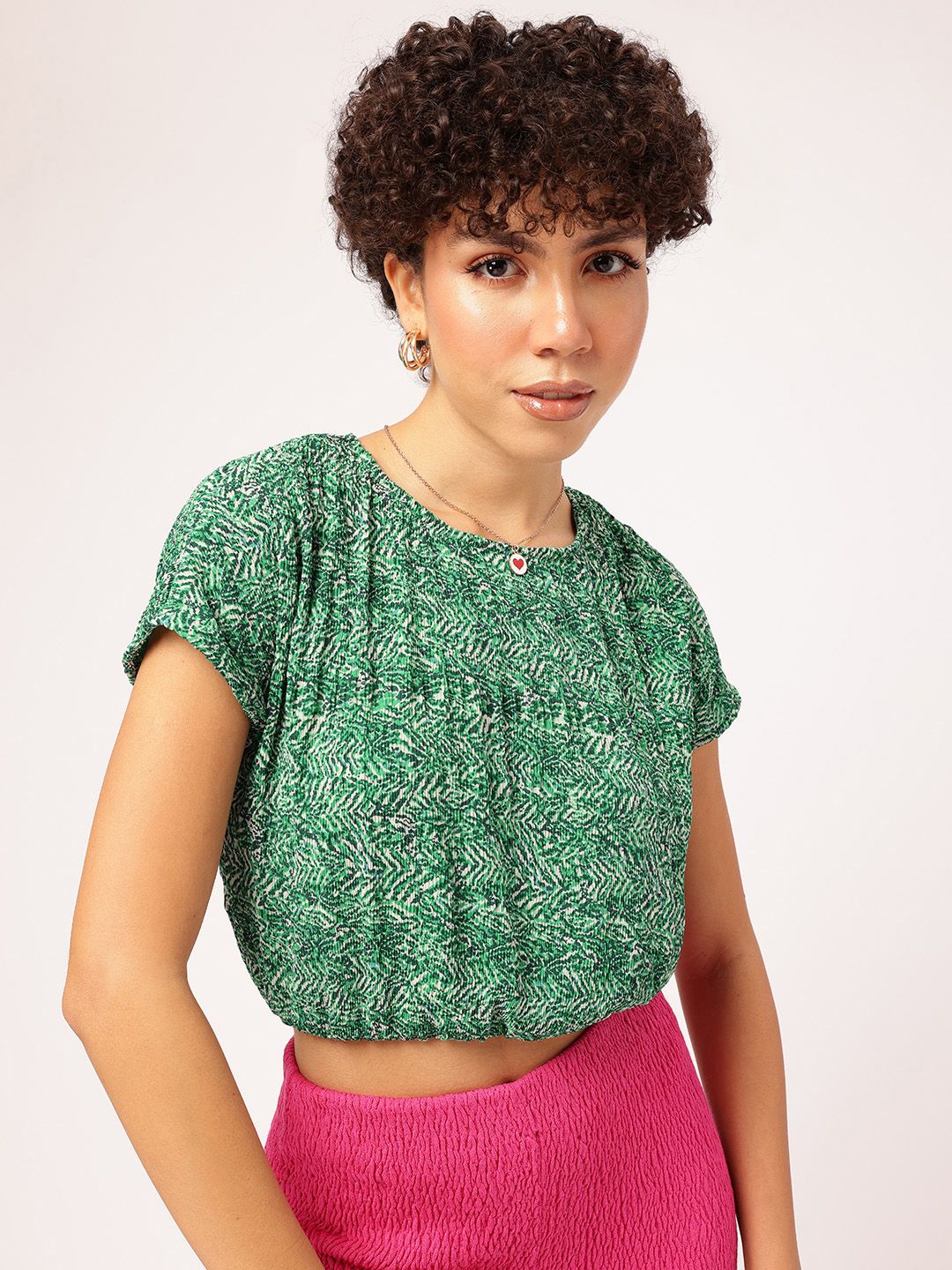 DressBerry Wanderlust Love Printed Extended Sleeves Cinched Waist Crop Top