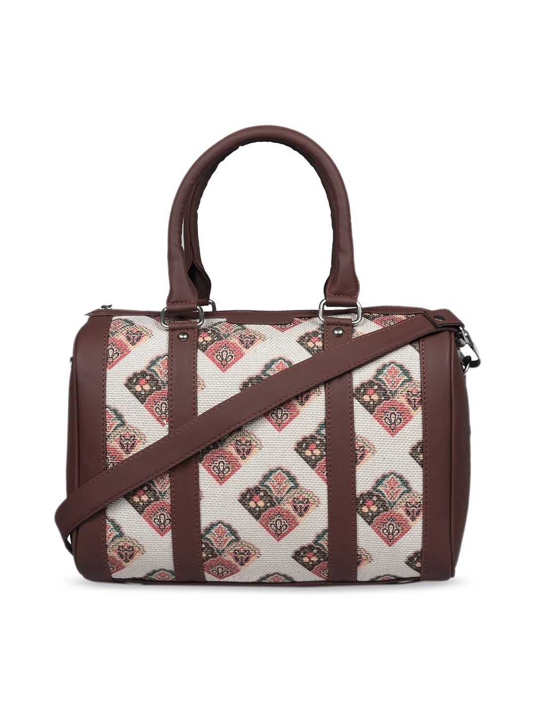 ZOUK Women Off White & Brown Seashell Motif Printed Handheld Bag