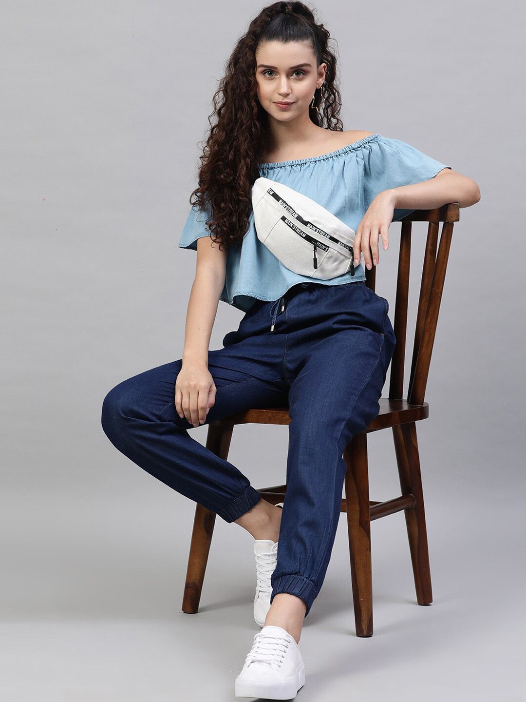 STREET 9 Blue Off-Shoulder Flared Sleeves Pure Cotton Denim Bardot Crop Top
