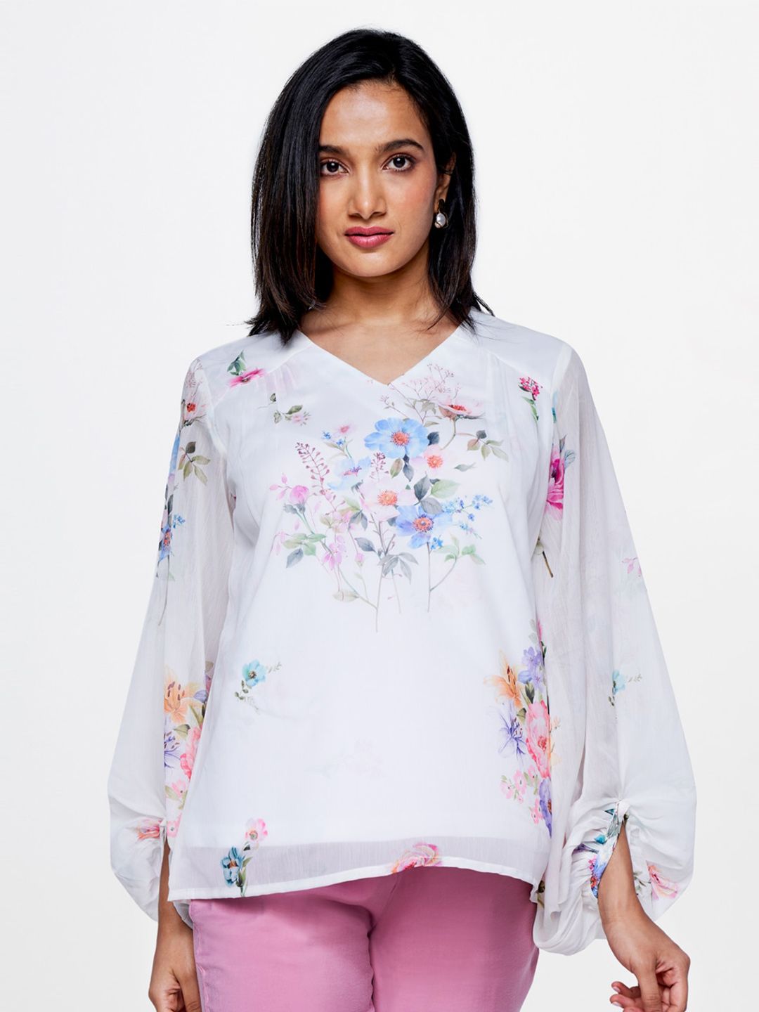 AND Floral Printed Puffed Sleeves Top