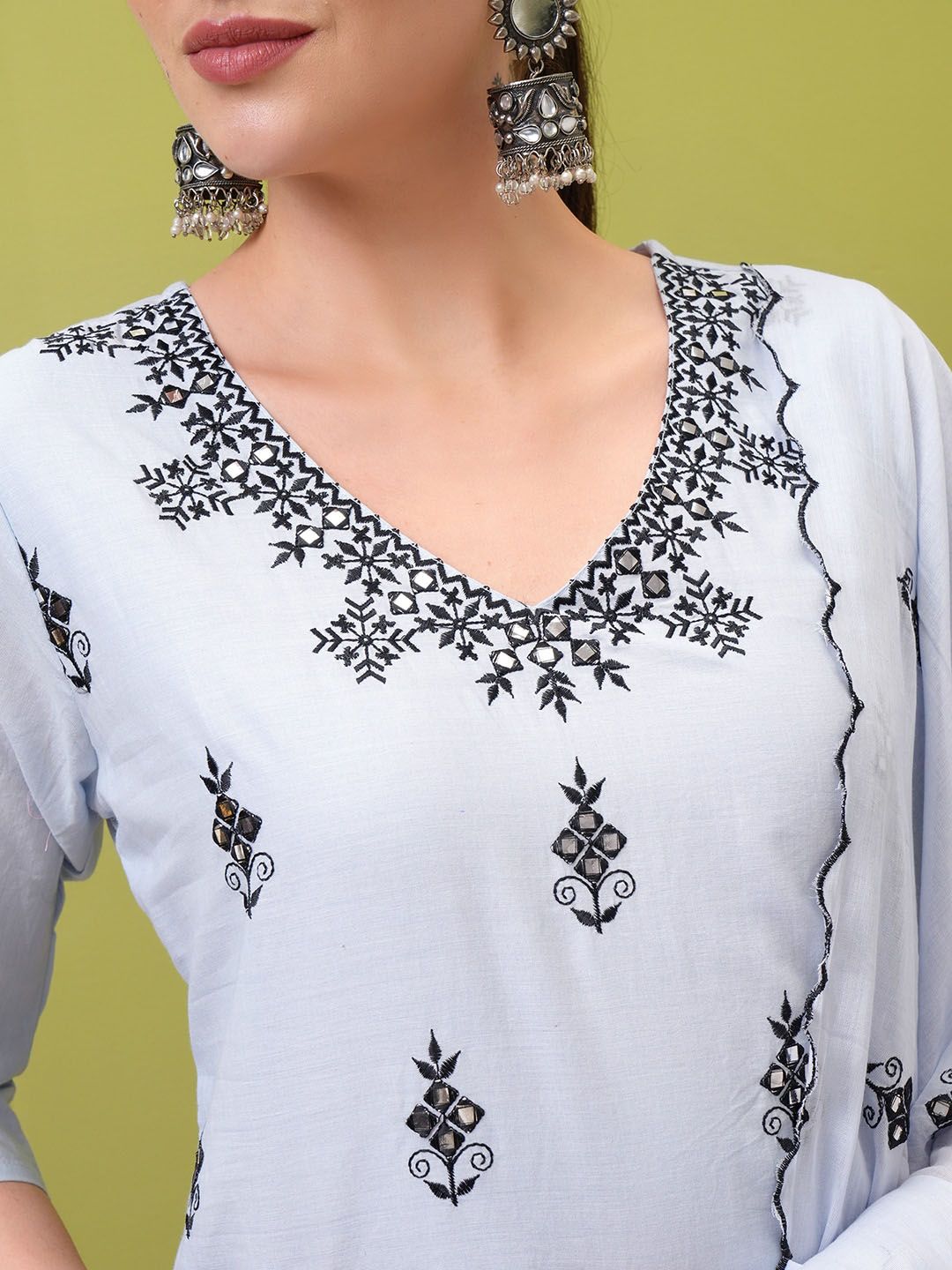 Vishudh Blue Ethnic Motifs Embroidered Pure Cotton Straight Kurta With Trousers & Dupatta