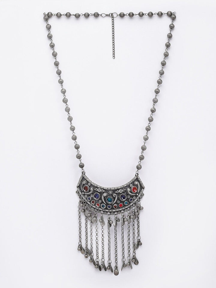 PANASH German Silver Silver-Plated Stones Studded Oxidised Necklace