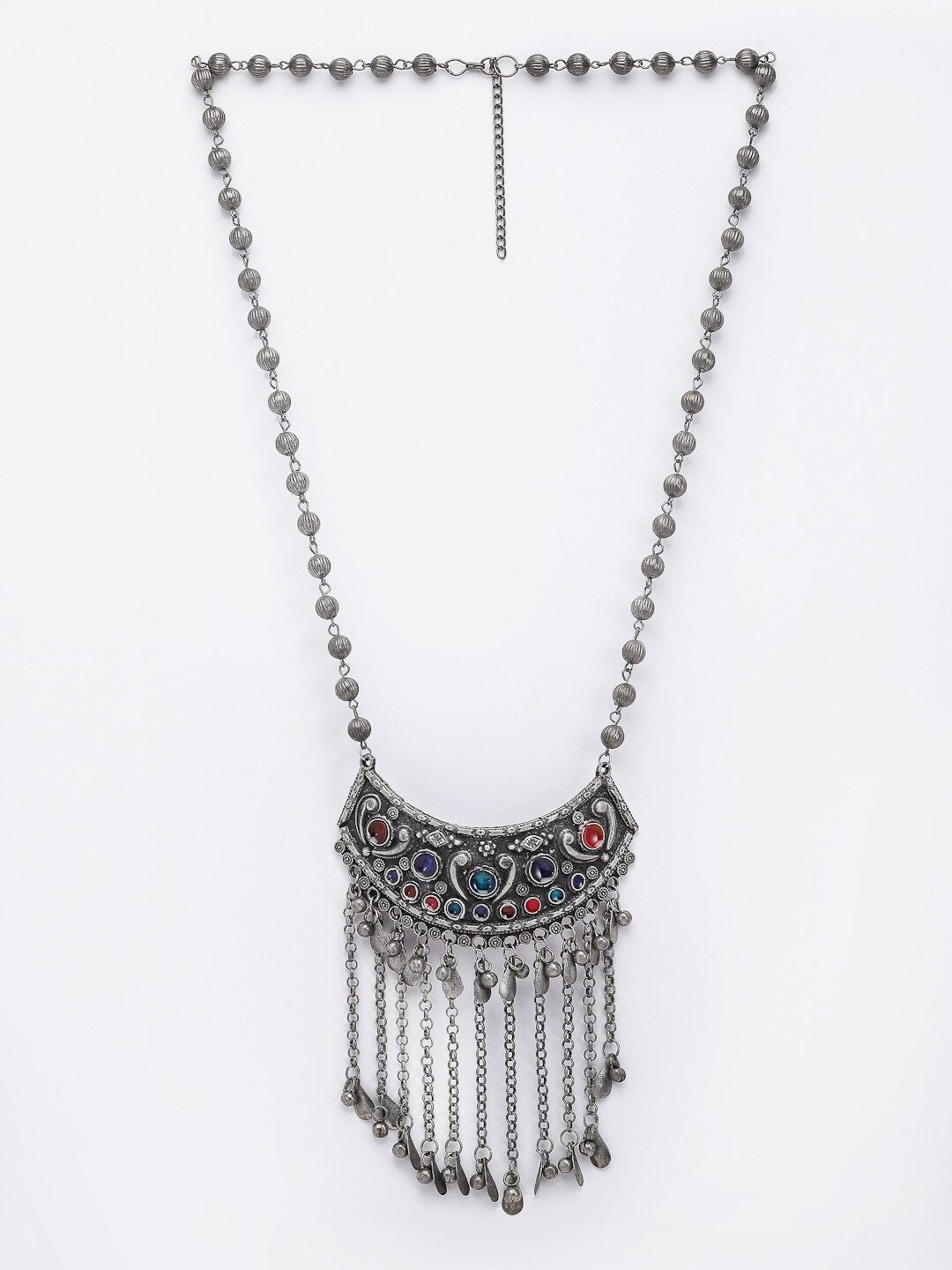 PANASH German Silver Silver-Plated Stones Studded Oxidised Necklace