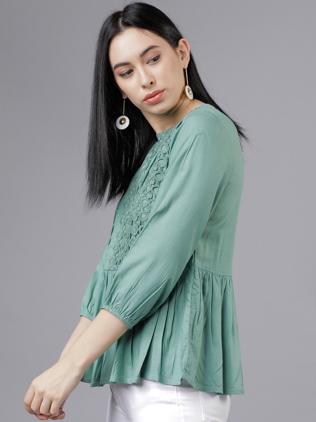 Tokyo Talkies Women Green Solid Peplum Top
