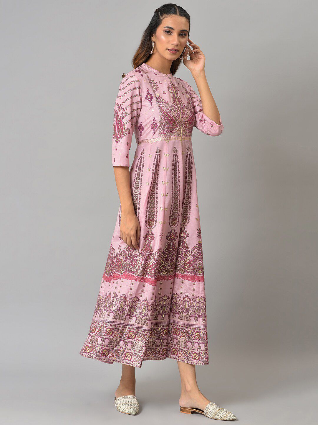 W Pink Ethnic Motifs Midi Fit And Flare Ethnic Dress
