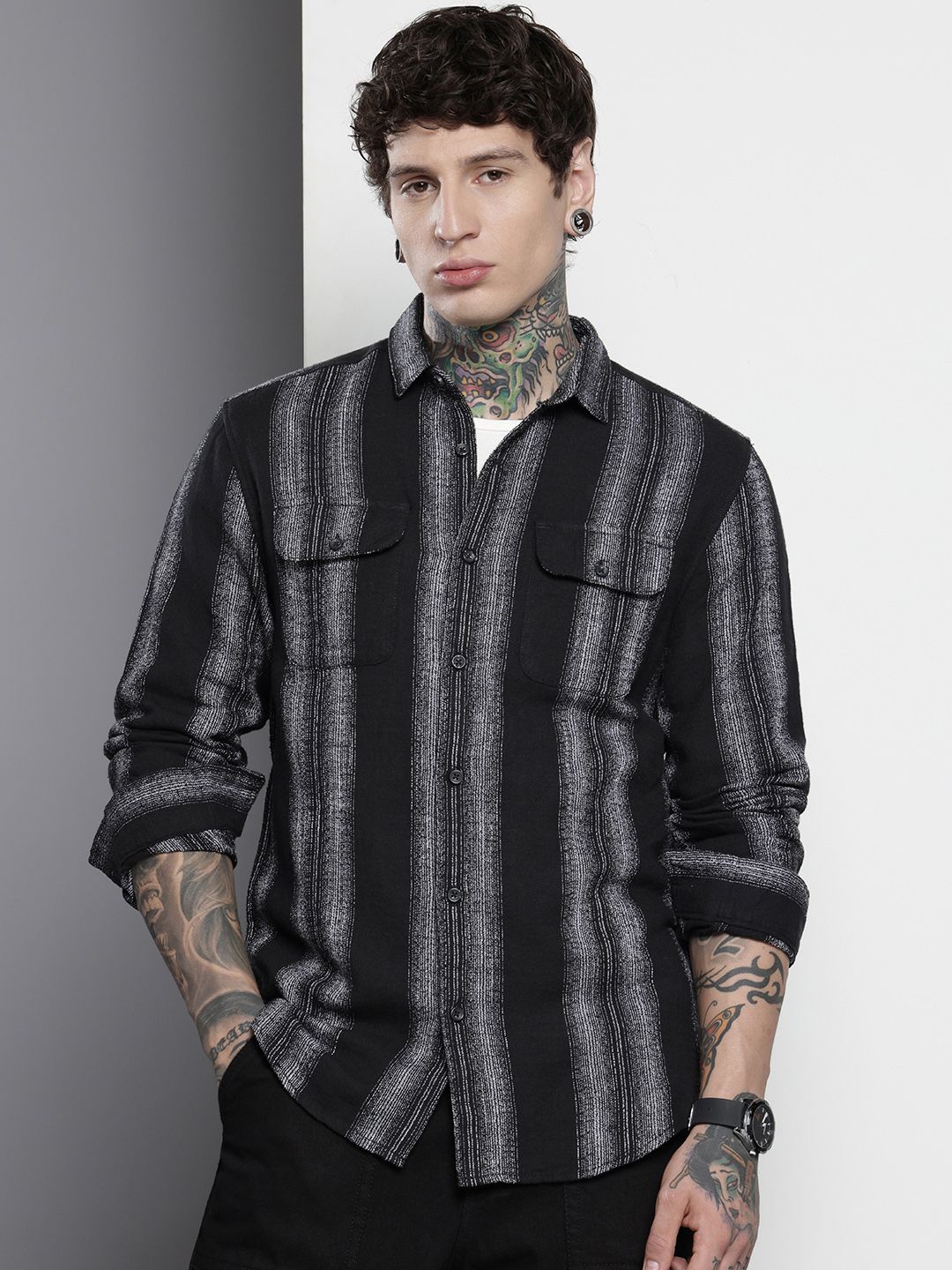 The Indian Garage Co Men Slim Fit Striped Double Flap Casual Shirt