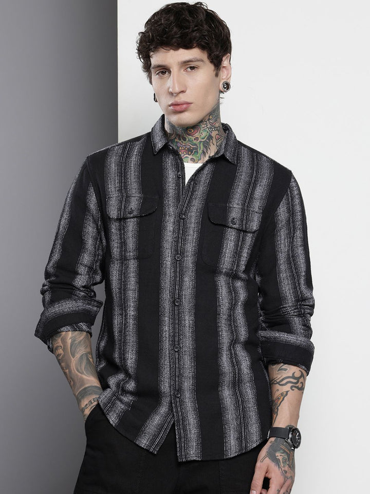The Indian Garage Co Men Slim Fit Striped Double Flap Casual Shirt