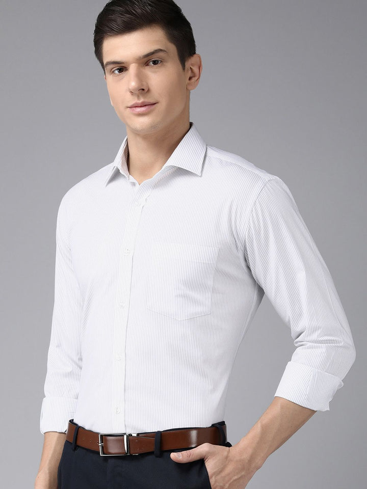 Park Avenue Men White & Grey Slim Fit Striped Formal Shirt