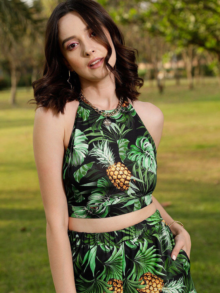 STREET 9 Black & Green Printed Top & Plazzo