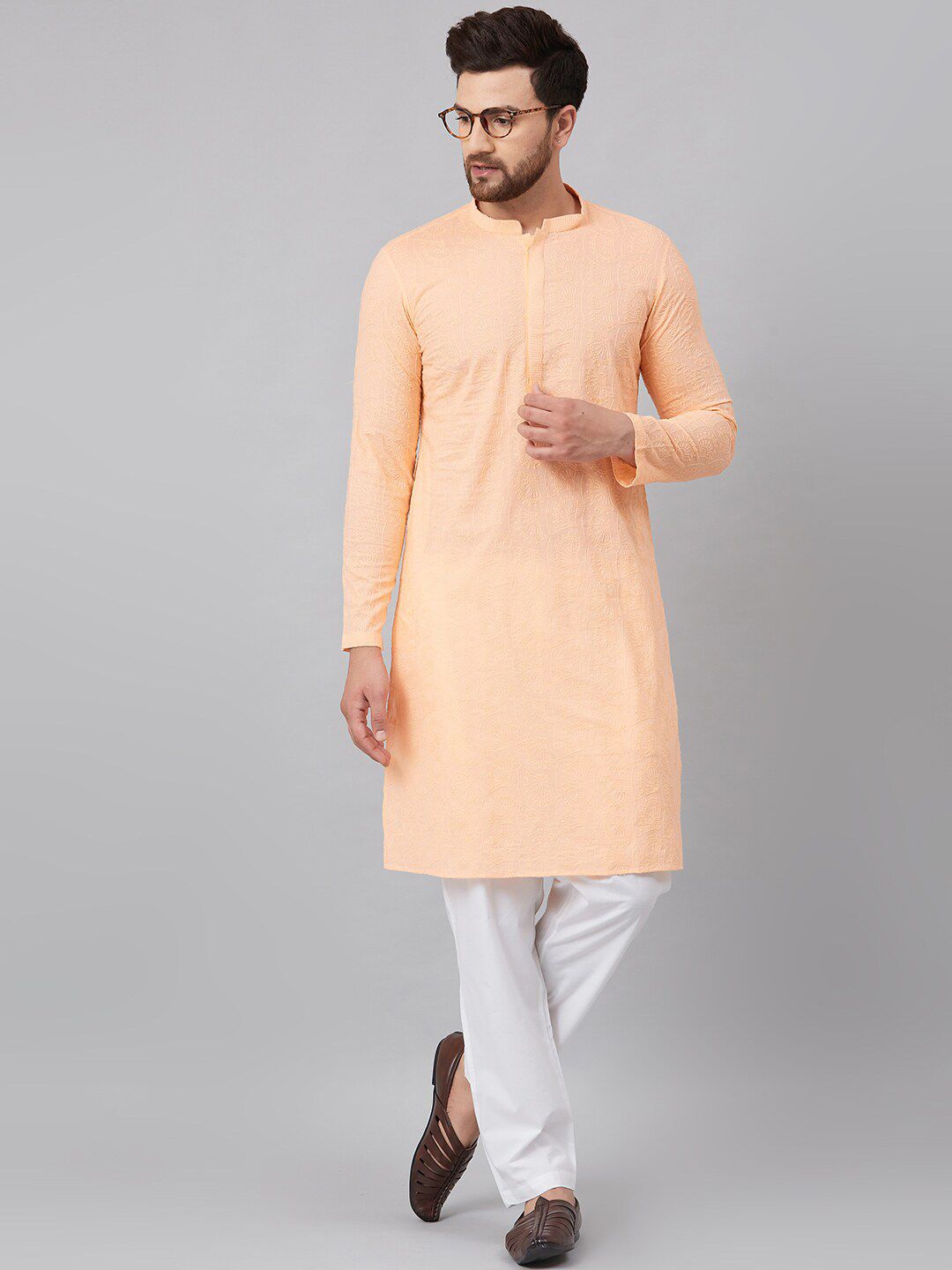 See Designs Men Peach-Coloured Thread Work Kurta