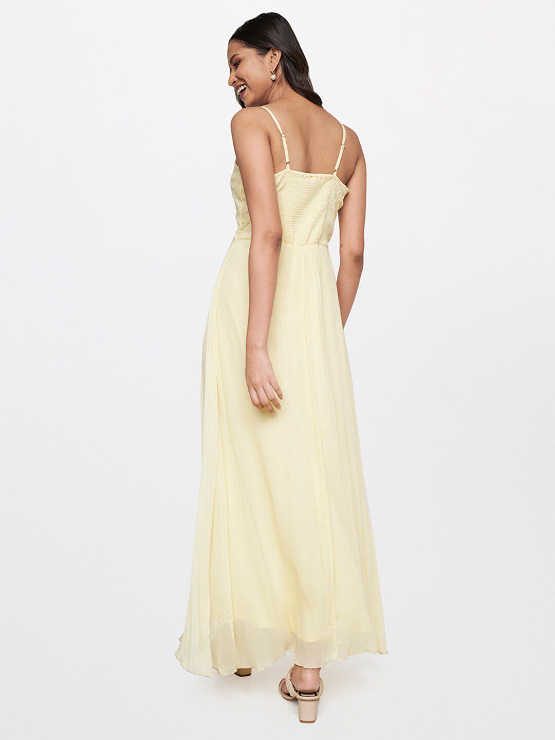 AND Women Lime Yellow Floral Schiffli A-Line Maxi Dress