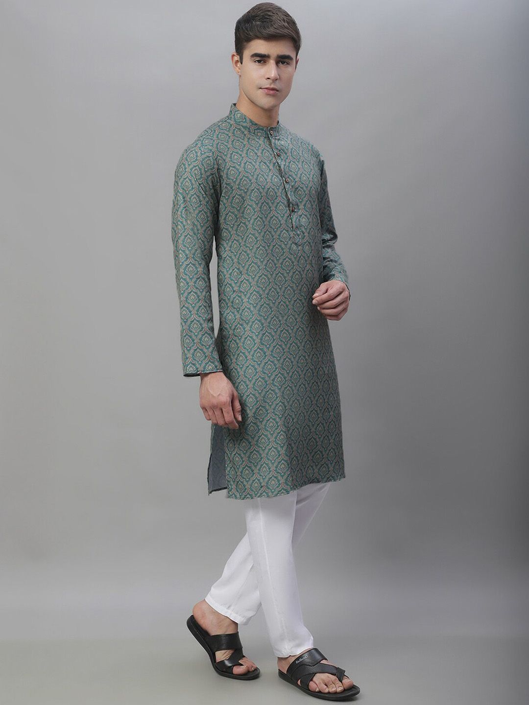 Anouk Teal Green and white Ethnic Printed Band Collar Pure Cotton Kurta with Pyjamas