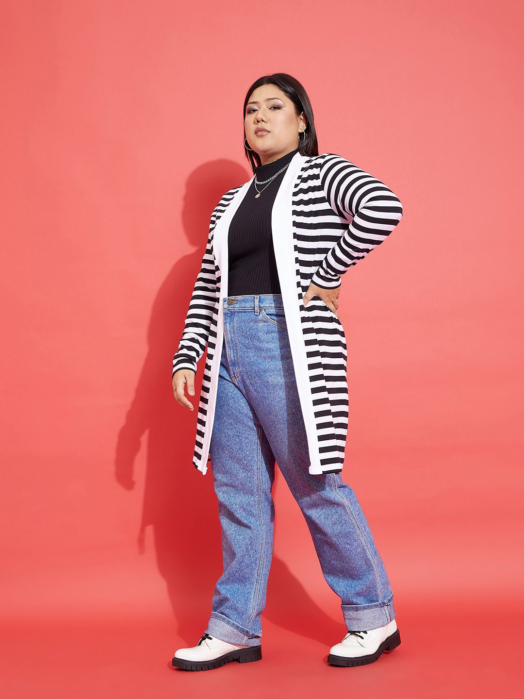 SASSAFRAS Curve Plus Size Striped Cotton Longline Open Front Shrug